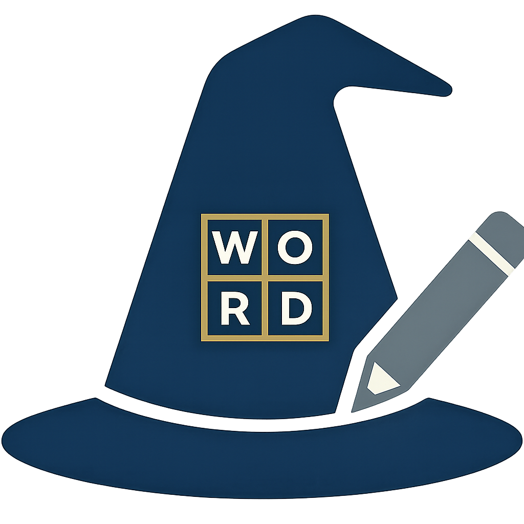 Word Game Wizard — wizard hat with Scrabble tile grid and pencil